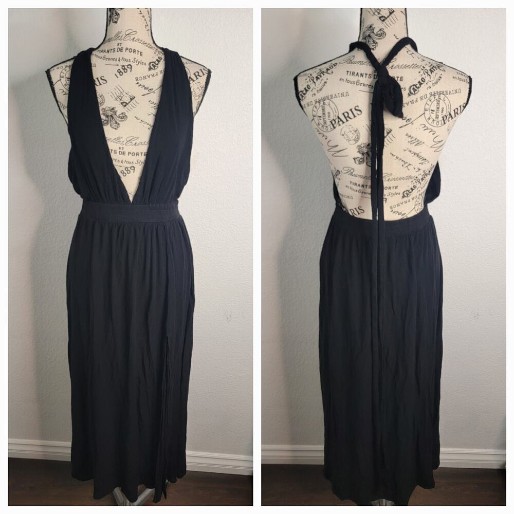 Lulus Maxi Dress Womens Sz M Finest Hour Halter Backless Open Back Slit Black